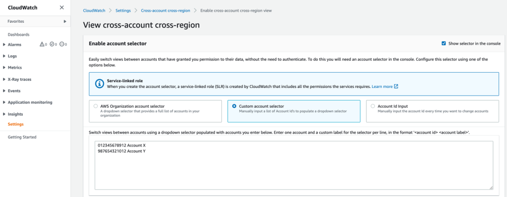 Add account IDs and their labels to the CloudWatch Custom account selector