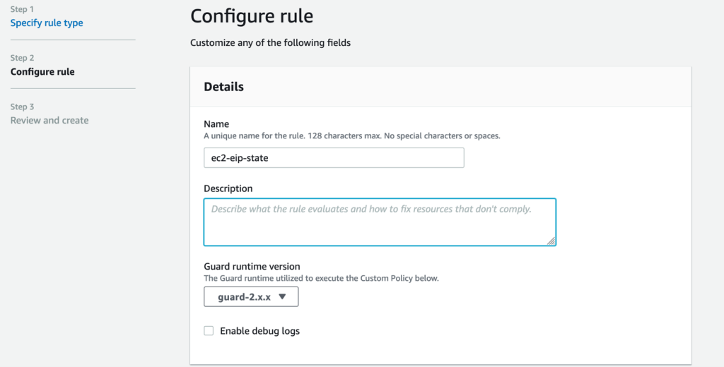 AWS Config screen to configure rule,