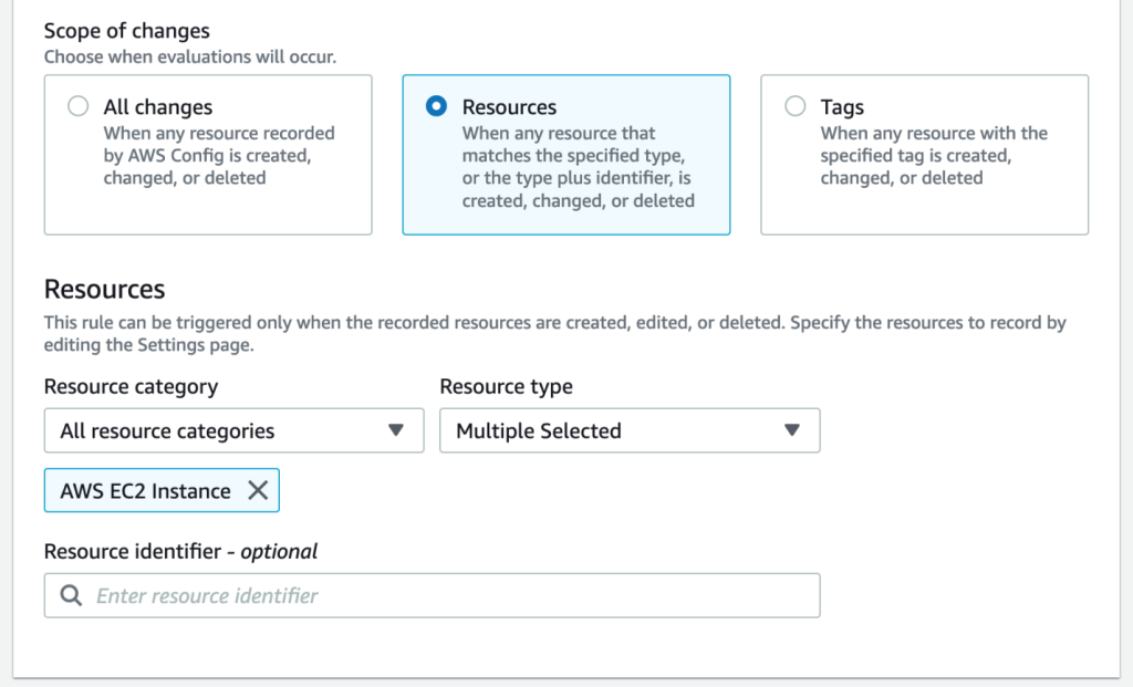 AWS Config screen to select trigger scope and resources.