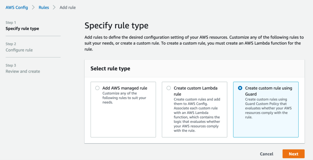 AWS Config screen to specify new rule type