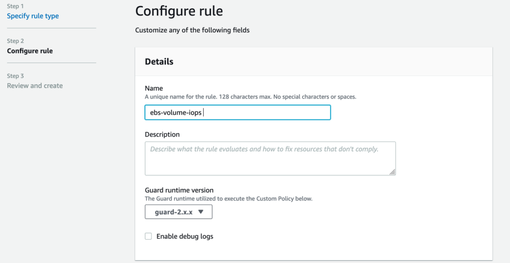 AWS Config screen to configure rule