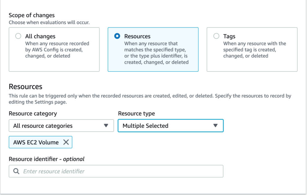 AWS Config screen to select trigger scope and resources