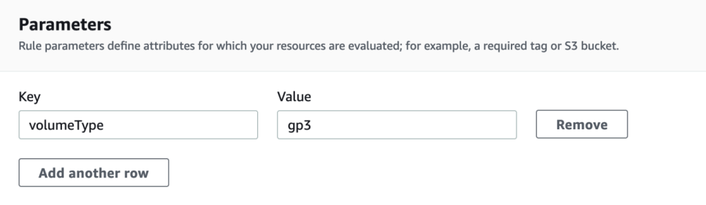 AWS Config screen to specify parameters