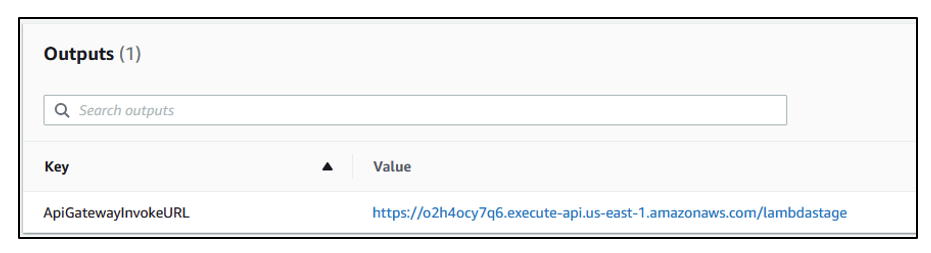 The cloud formation output displays the API Gateway Invoke URL.