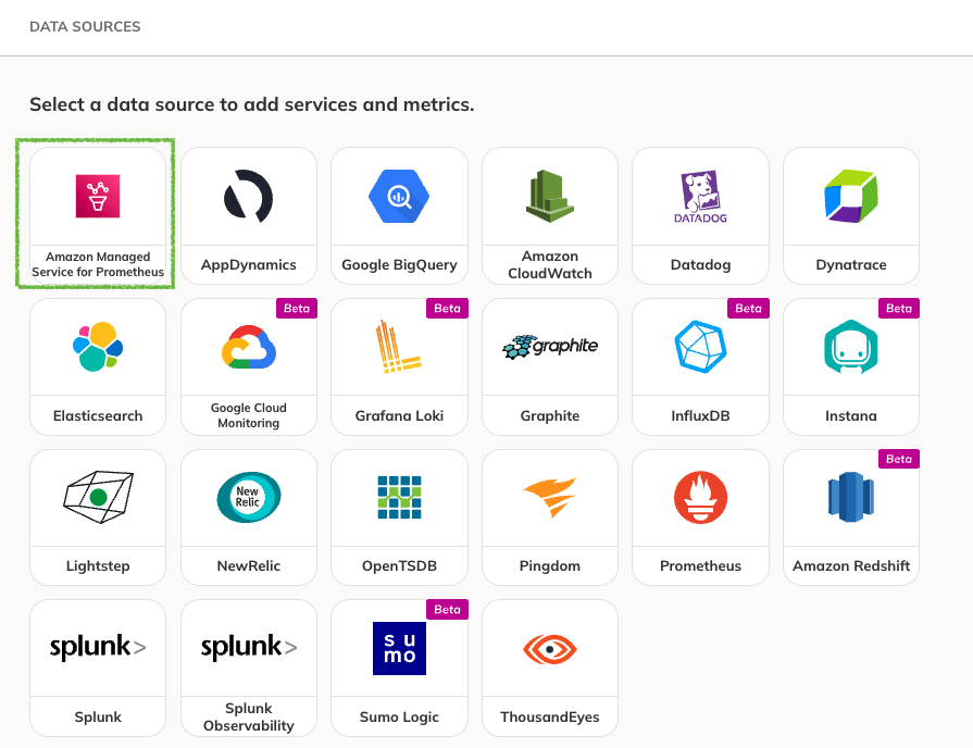 Nobl9 data source selector highlighting Amazon Managed Service for Prometheus integration