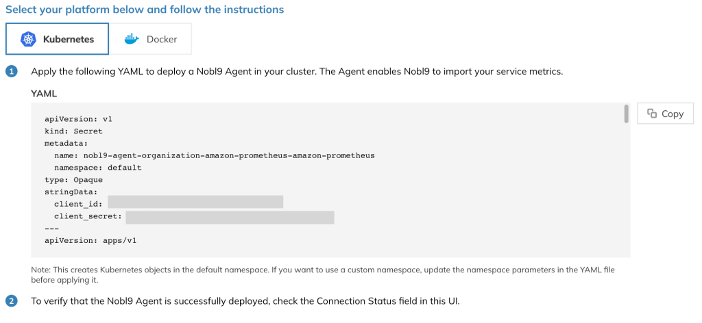 Configuration showing Nobl9 agent installation in Kubernetes cluster