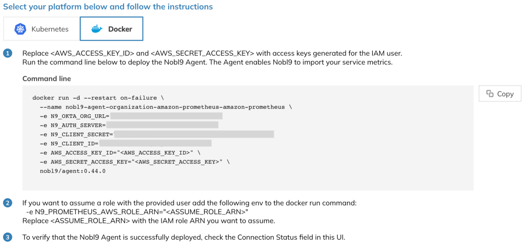 Docker command showing parameters to start the Nobl9 agent