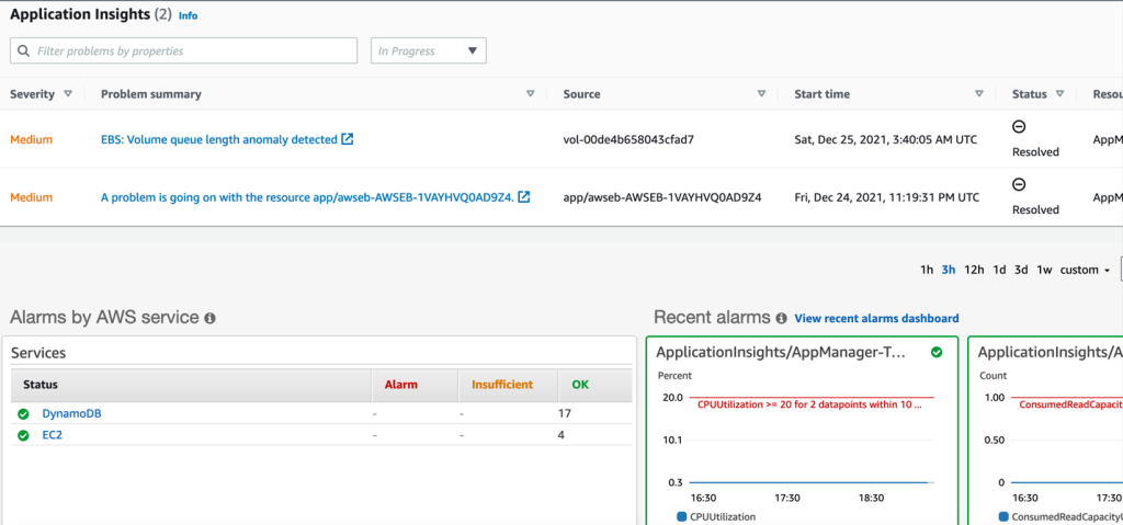 Figure 10: Application Insights details with alarms by AWS services