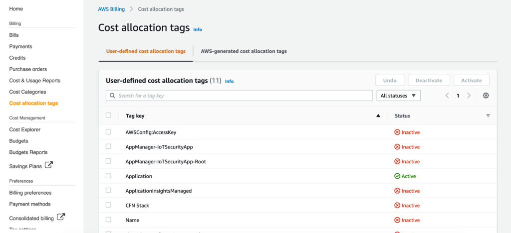 Figure 18: Activate cost allocations tags 