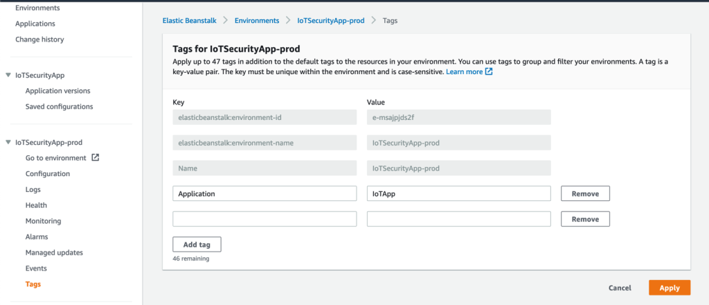 Figure 2: Application tags for Elastic Beanstalk environment 