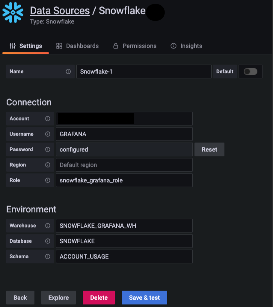 Figure 4: Configuring Snowflake Data source inside Amazon Managed Grafana