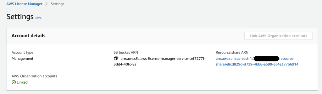 License Manager Settings with resource share ARN