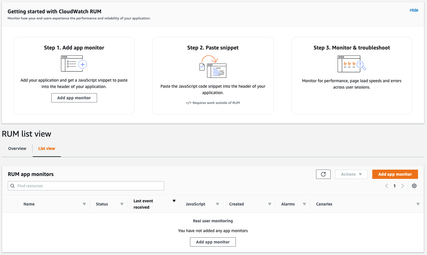 A screenshot shows the landing page of the CloudWatch RUM console. 