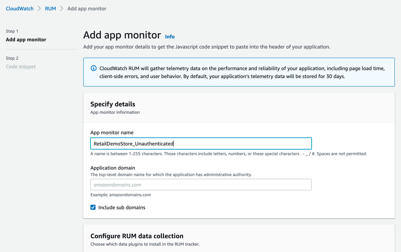 A screenshot shows the “Add app monitor” workflow of the CloudWatch RUM console.