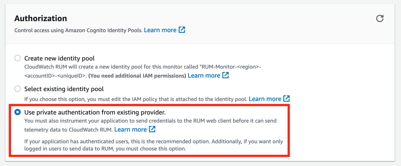 A screenshot shows the authorization panel of the CloudWatch RUM console’s create app monitor wizard. The radio button labeled “Use private authentication from existing provider” is selected.