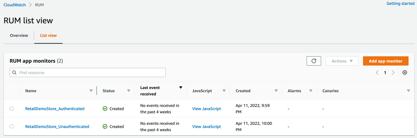 A screenshot shows the “List view” tab of the CloudWatch RUM console. The list contains two RUM app monitors: “RetailDemoStore_Authenticated” and “RetailDemoStore_Unauthenticated”.