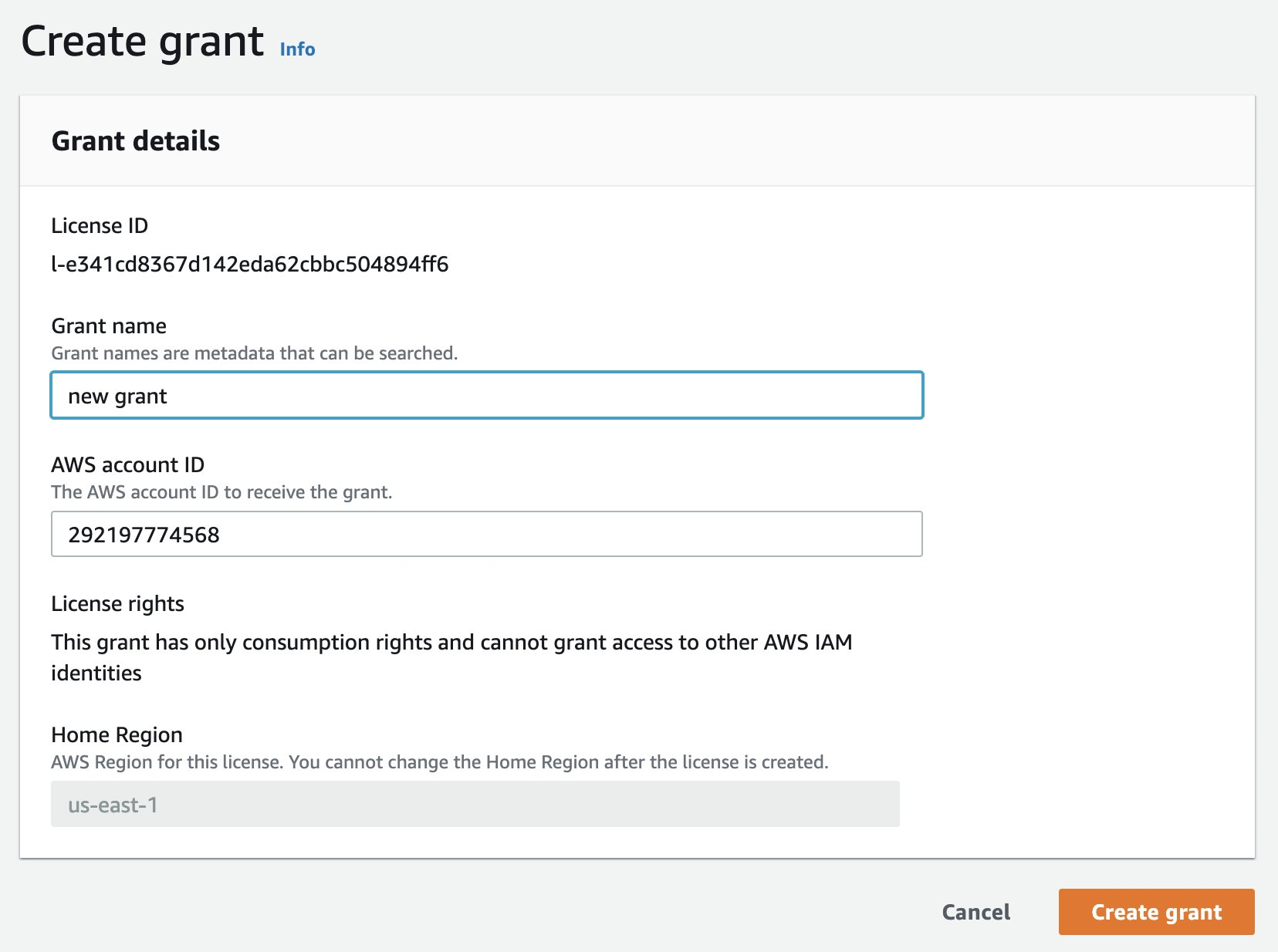 The Create grant form presents input fields for the new grant name and the AWS account IDs to receive the grant.