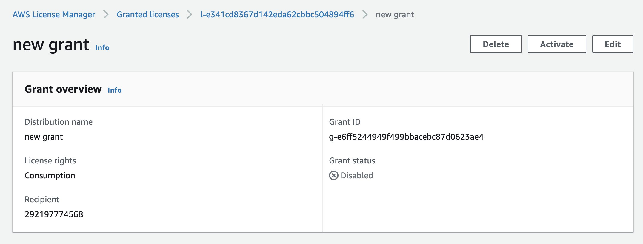The newly created grant appears with an option to Active the grant.