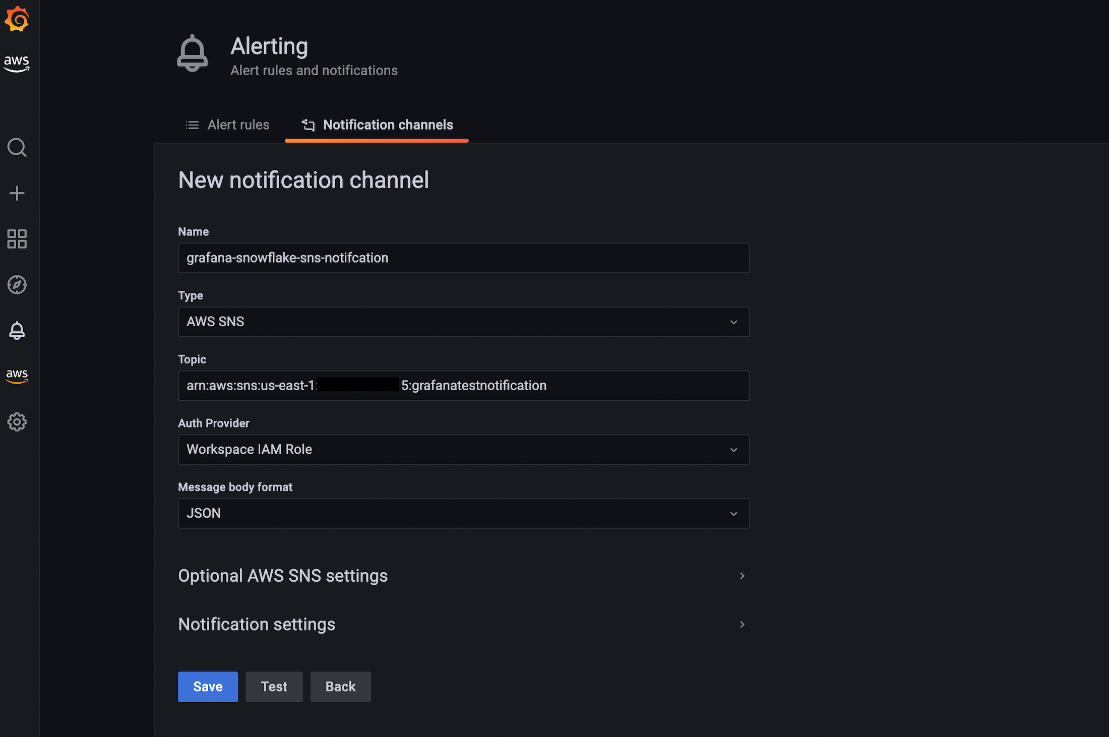 Figure 9: SNS Notification Channel configuration under 