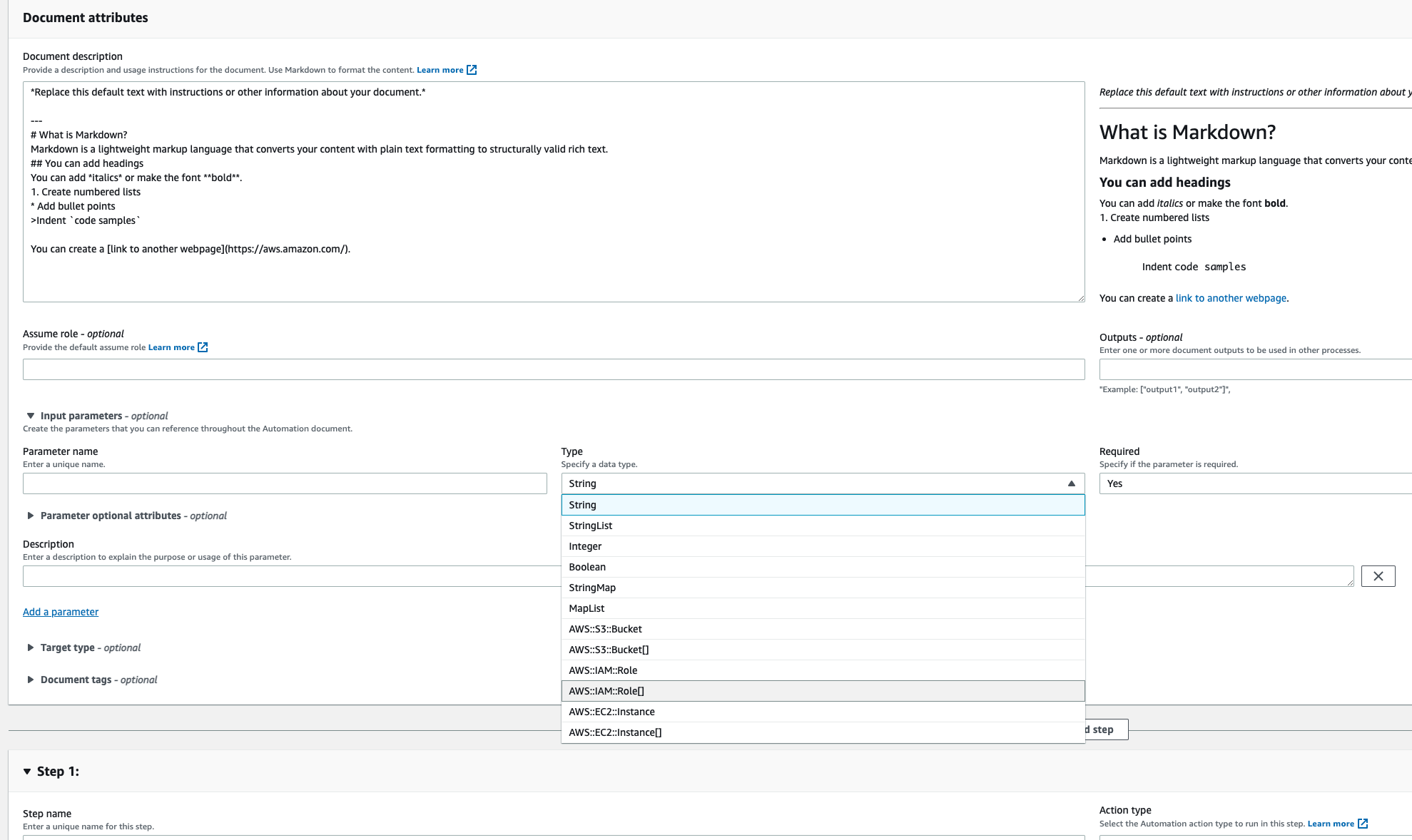 AWS Systems Manager Document Builder: dropdown of input parameter types