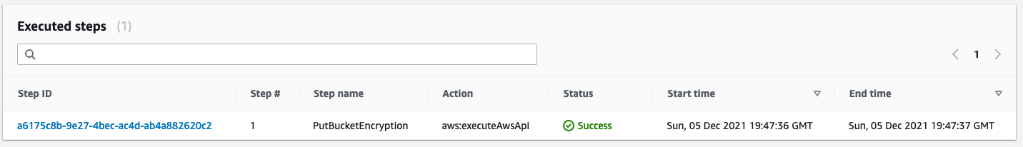 Displays the 'Executed steps' section from AWS Systems Manager Automation. A previous execution is displayed. The Step name is PutBucketEncryption, action is aws:executeAwsApi, status is set to Success. A start time and end time are displayed