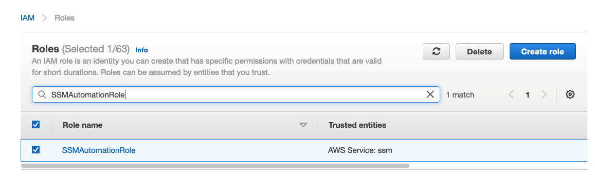 Displays the Identity and Access Management Roles section within the AWS Management Console. The role name SSMAutomationRole is displayed