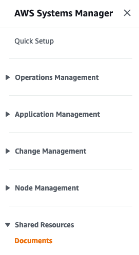 AWS Systems Manager UI options. Navigates to Shared Resources > Documents.