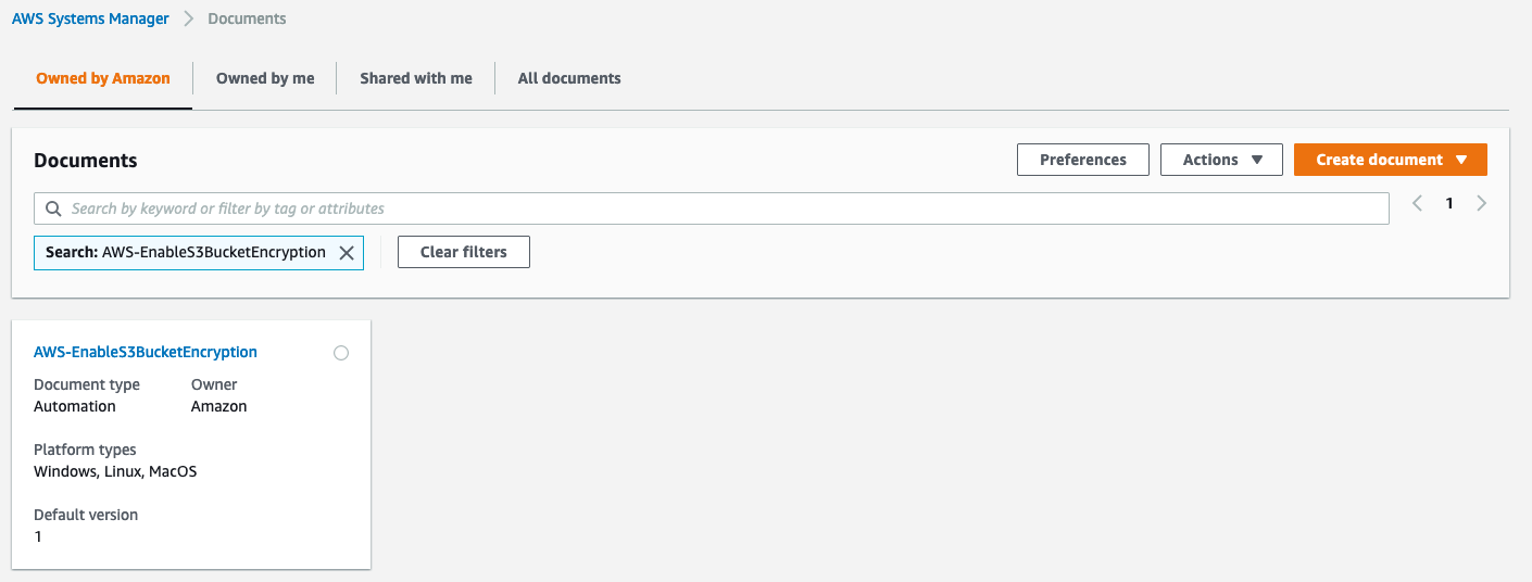 AWS SSM Documents pane. Owned by Amazon tab is selected. The document AWS-EnableS3BucketEncryption is displayed.