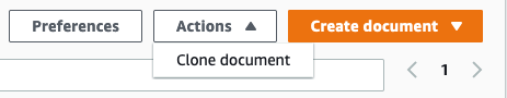 Actions selector within the AWS Systems Manager documents section. The option Clone document is highlighted