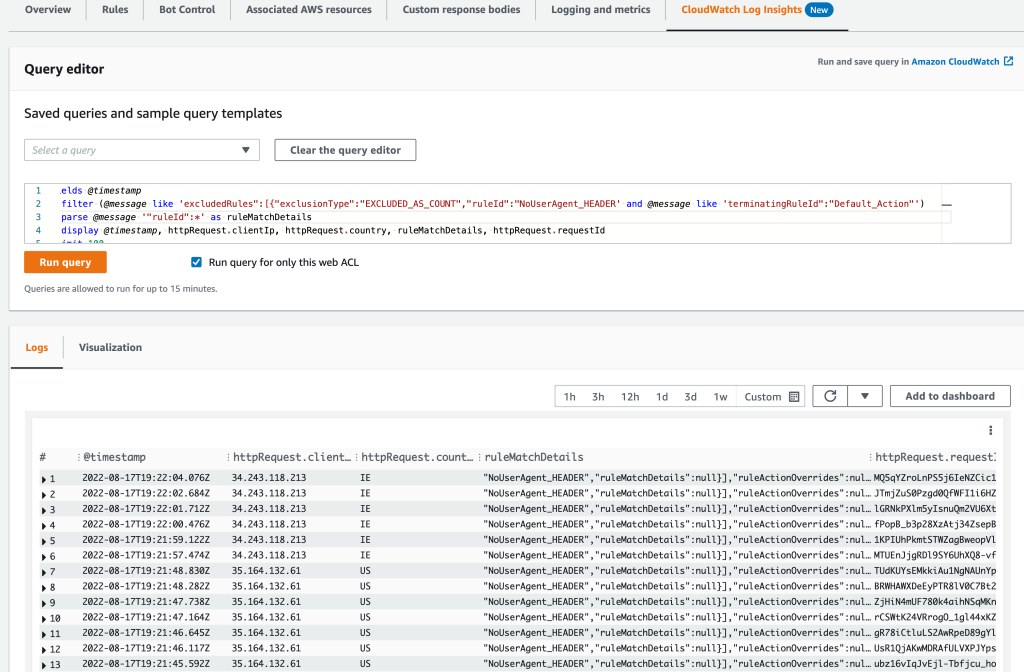 Screenshot of the CloudWatch Logs Insights tab in the WAF Console, which displays the ten log entries that are counted by a specific rule in a rule group where the request was terminated by the default action after running the example 4 query.