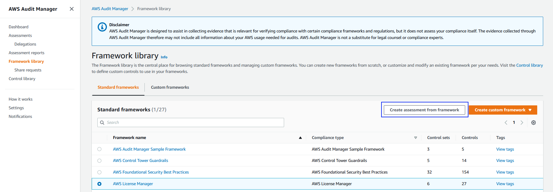 The Framework library page has tabs for Standard frameworks and Custom frameworks. The Standard framework with AWS License Manager option is selected.