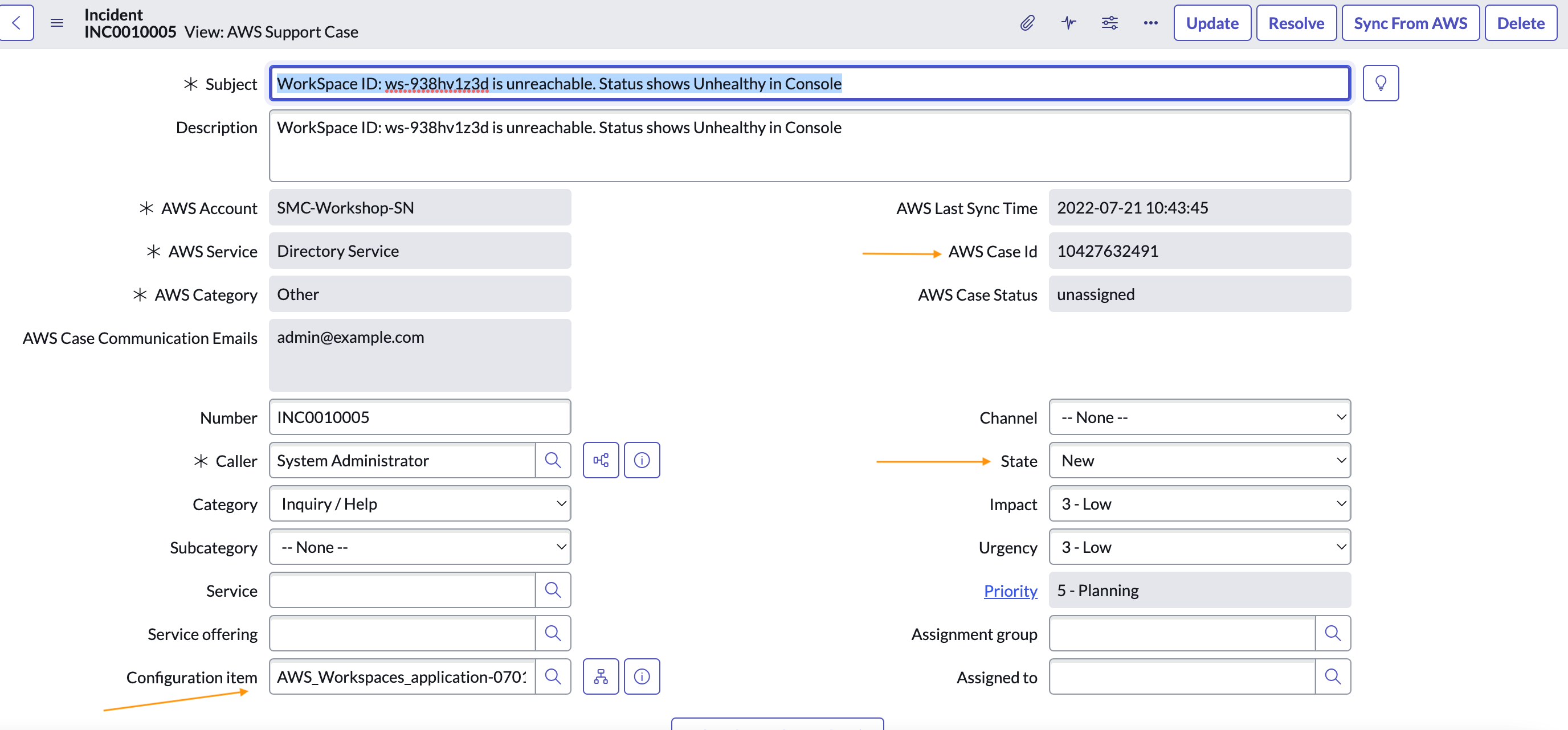 Fig 1.10: Incident record stating Amazon WorkSpaces is unreachable