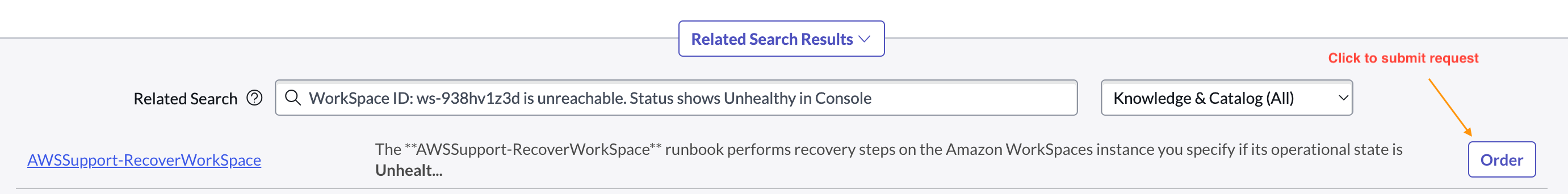 Fig 1.11: Related Search Results to recover Amazon WorkSpaces within incident record