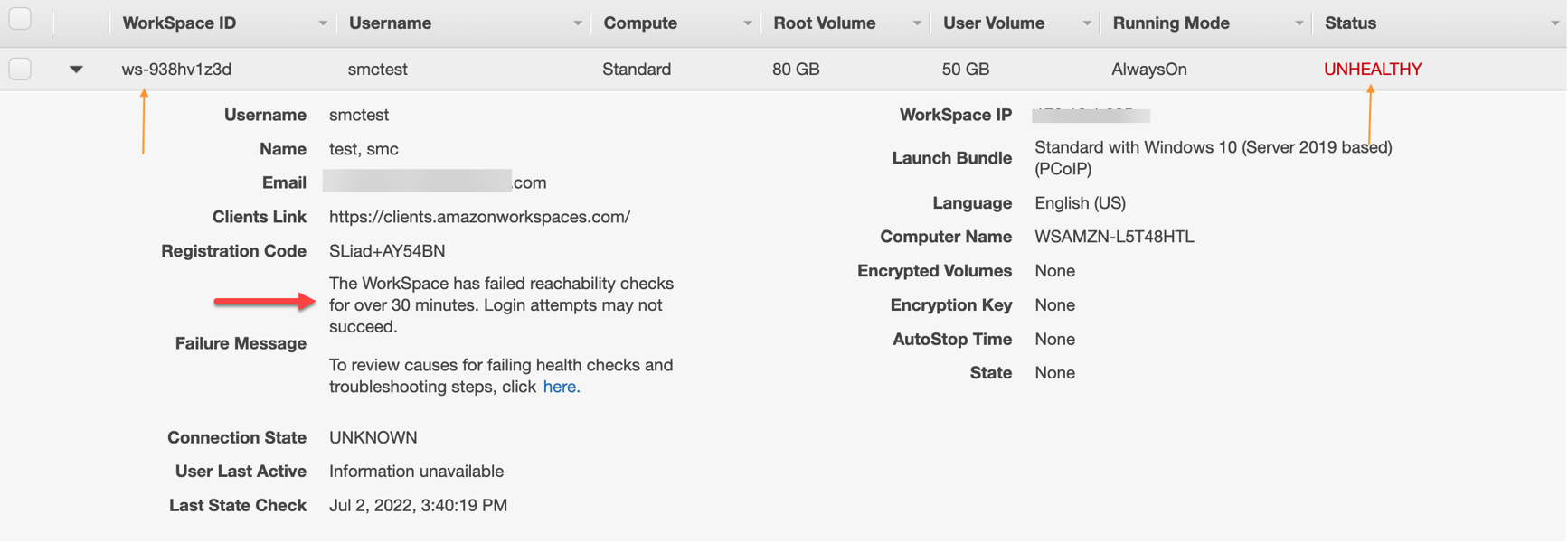 Fig 1.9: Status of Amazon WorkSpaces as ‘Unhealthy” due to stopped services