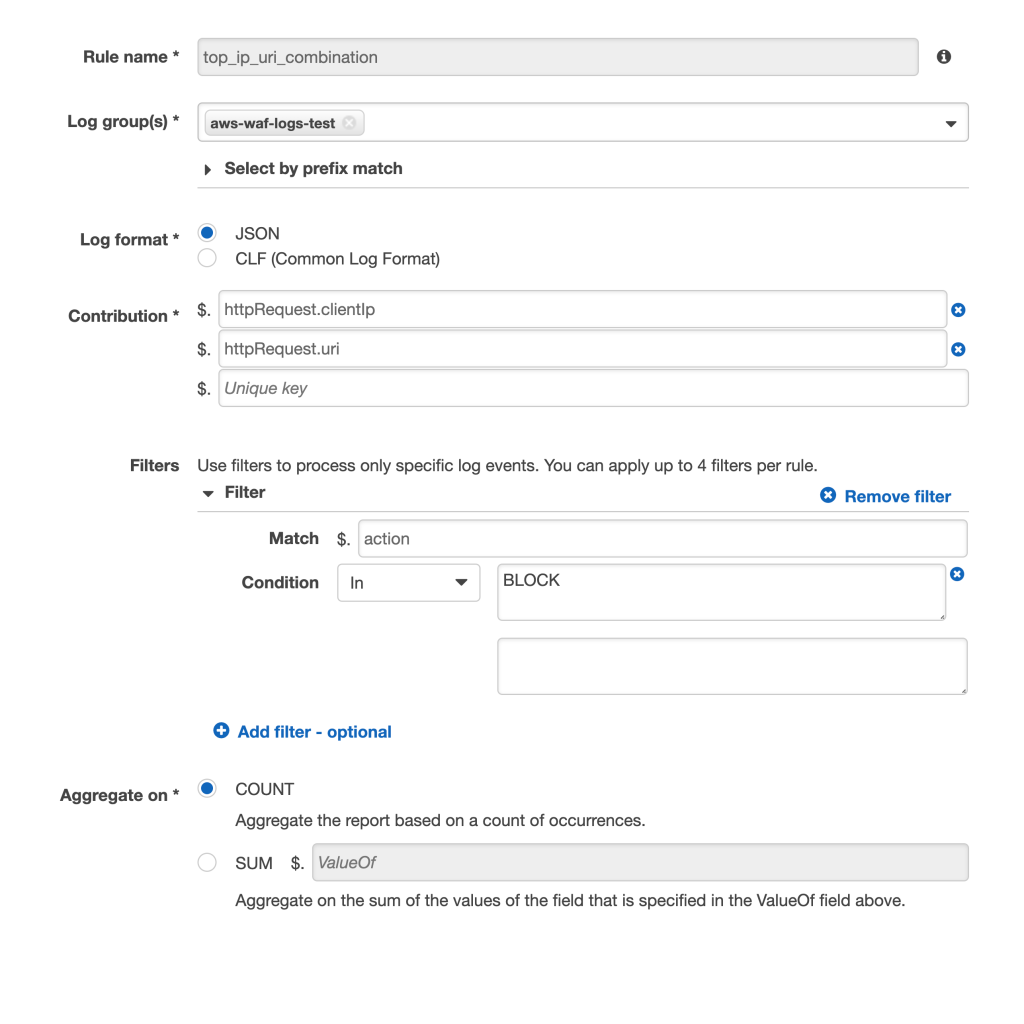 A screenshot of the create rule page in the Contributor Insights Console. The screenshot shows a filter action of block, and contribution keys of httpRequest.clientip, and httpRequest.url.