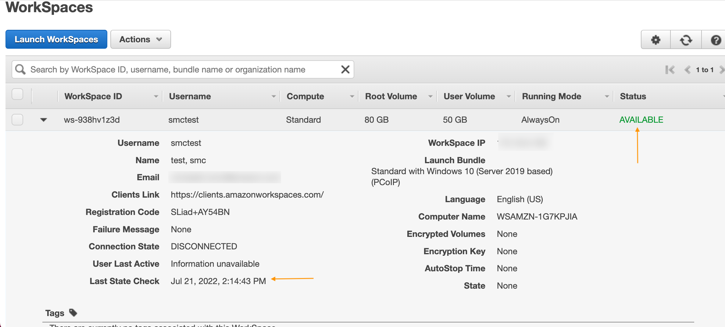 Fig 1.15: Status after full recovery in Amazon WorkSpaces Console