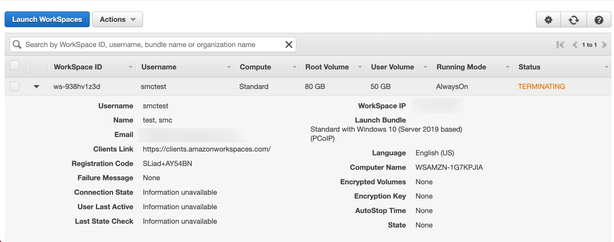 Fig 1.17: Status in Amazon WorkSpaces Console based on Termination Request from ServiceNow