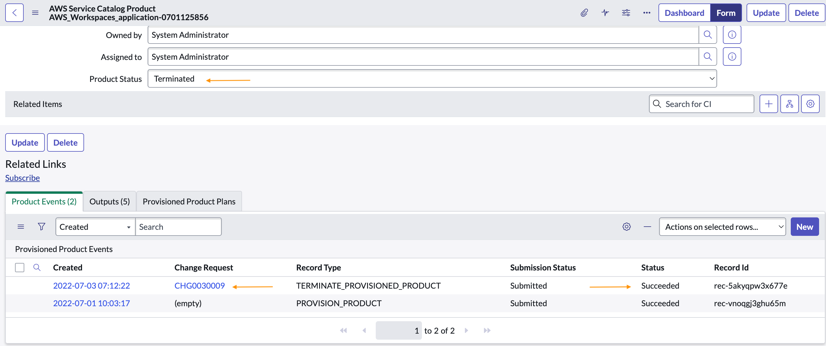 Fig 1.18: Amazon WorkSpaces product status in ServiceNow CMDB as Terminated