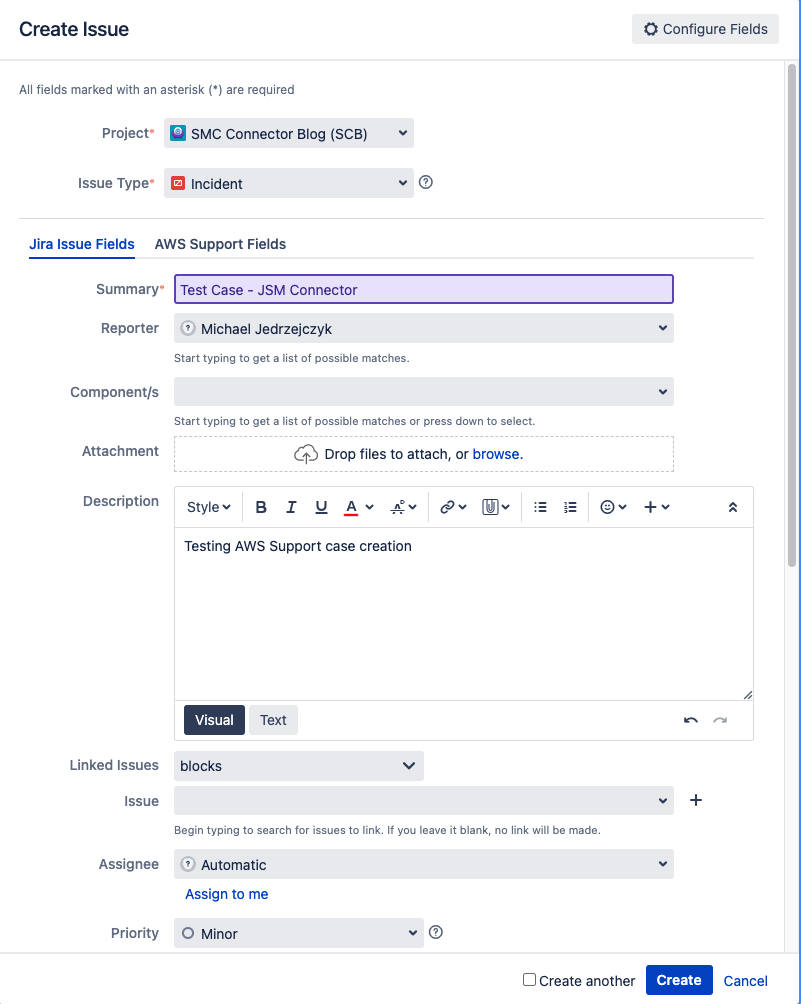 Configuration of standard JSM Incident fields during Create Issue workflow.