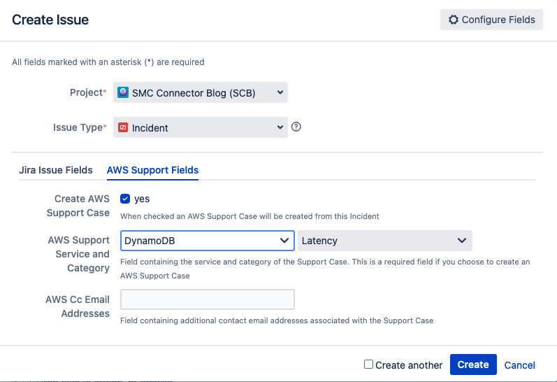 Configuration of AWS Support fields during Create Issue workflow.