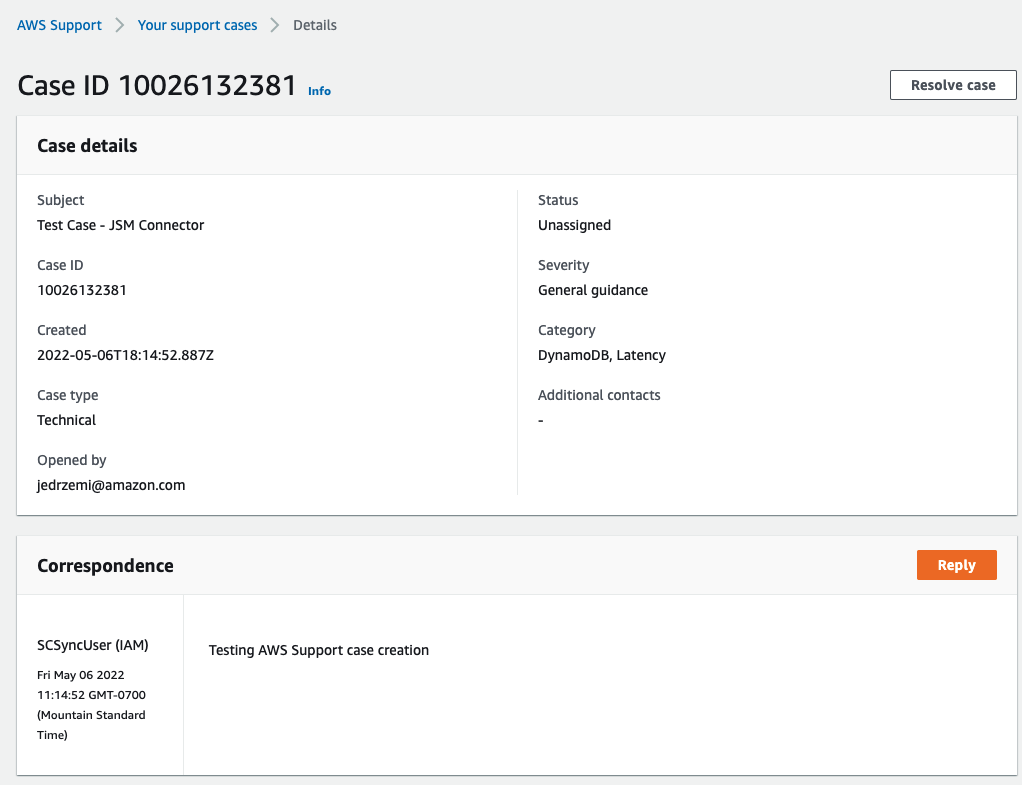 Figure 4. AWS Support case created with content of associated JSM incident. 