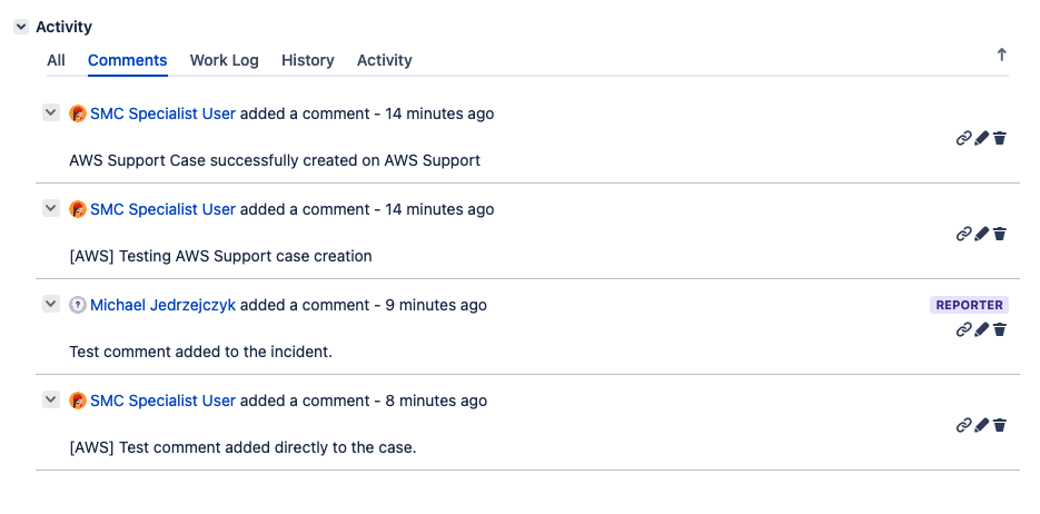 JSM Incident Comments listing associated AWS Support case actions.