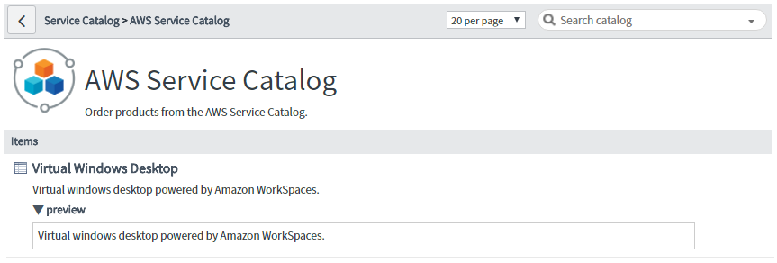 ServiceNow Catalog page with launch role and parameter information from AWS Service Catalog product