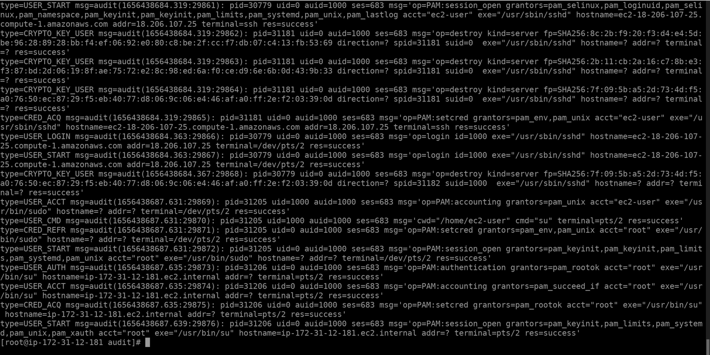 Screenshot of an Amazon EC2 instance terminal, displaying several examples of audit logs
