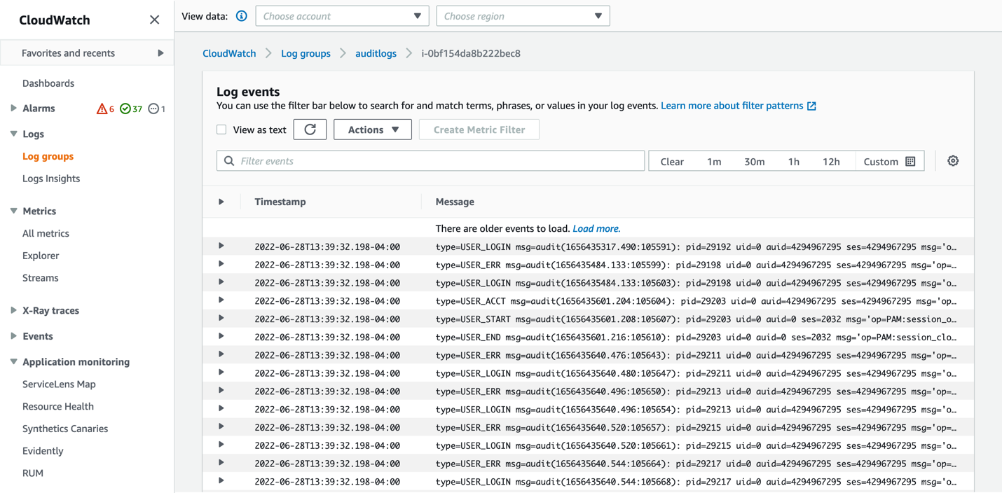 Screenshot of the CloudWatch Console, displaying the ingested audit logs