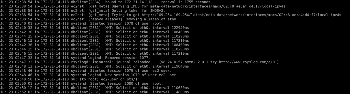 Screenshot of an Amazon EC2 instance terminal, displaying several examples of system logs