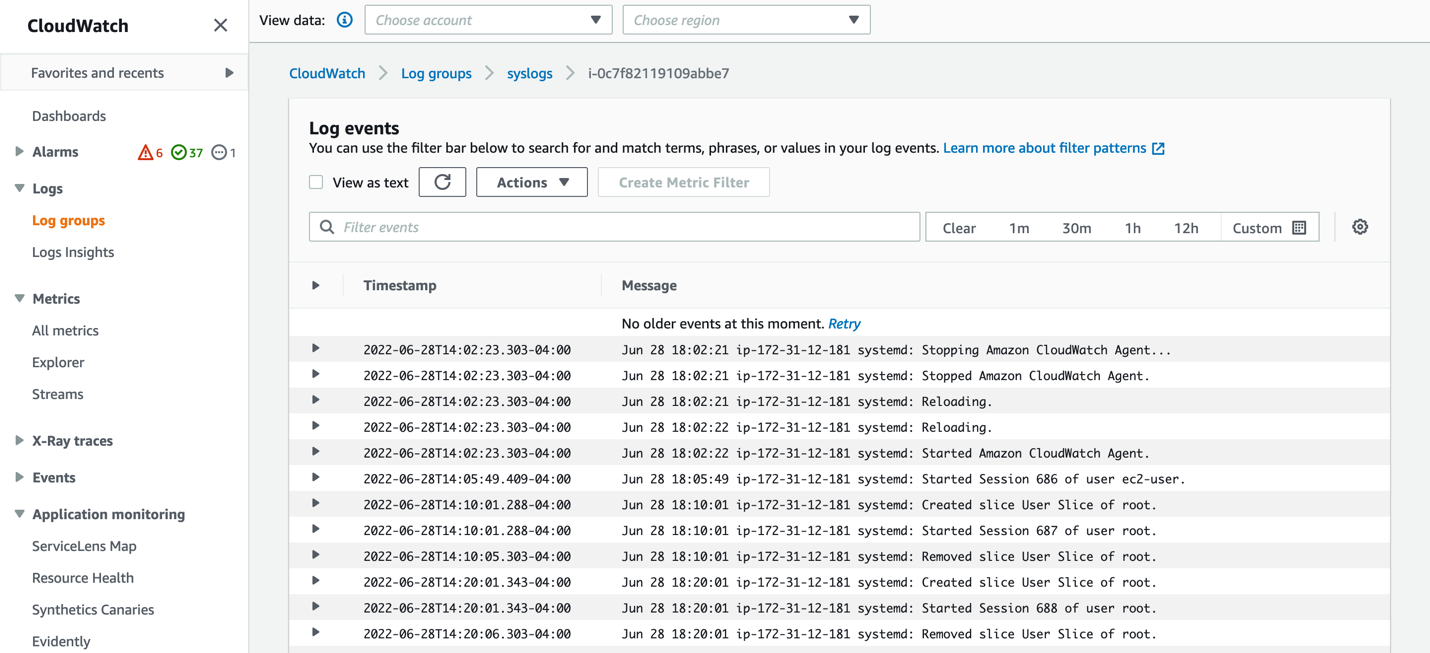 Screenshot of the CloudWatch Console, displaying the ingested system logs 