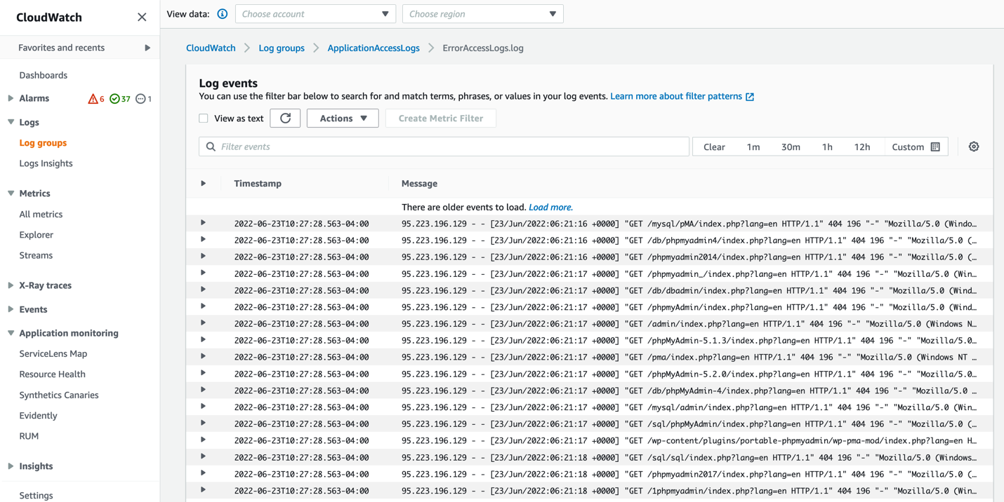 Screenshot of the CloudWatch Console, displaying the ingested HTTP access logs