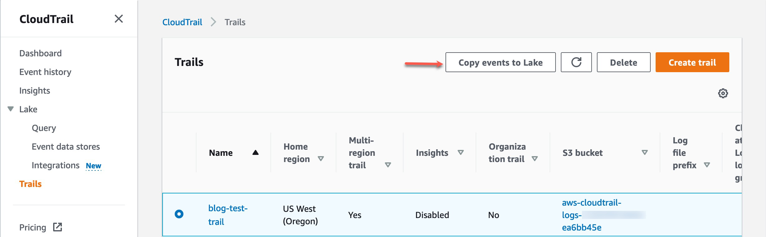 Select Trail and choose on Copy events to Lake