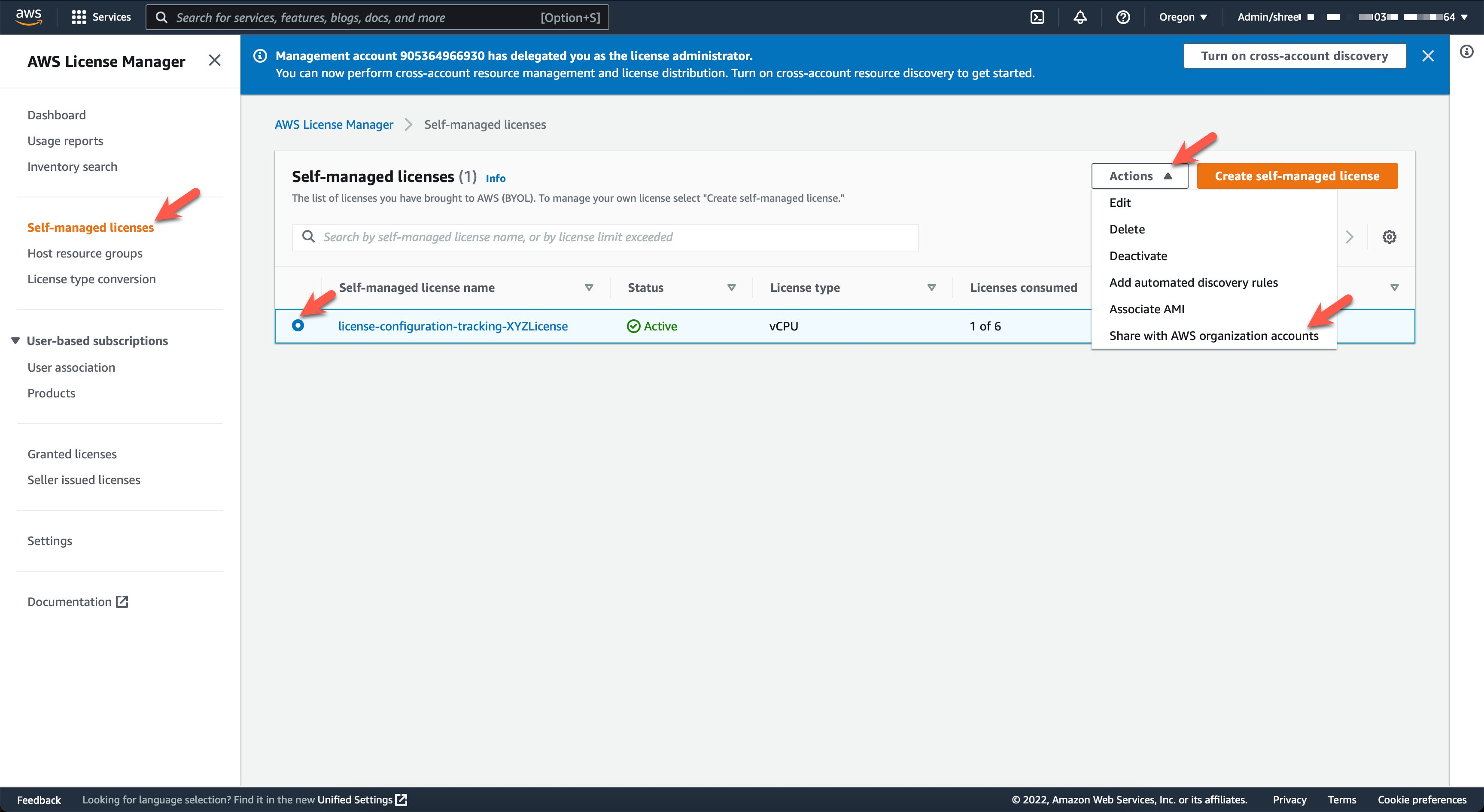 Figure 2: Console screenshot showing a license configuration created in the delegated administrator account ready to share with organization accounts